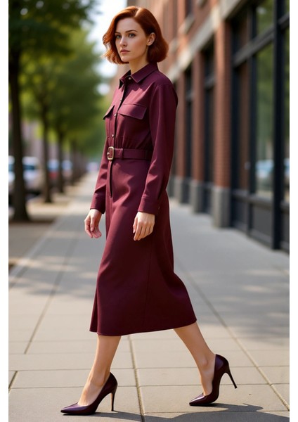 Kadın Fashion Forward Midi Kemerli Gömlek Yaka Düz Dokuma Elbise Gün Boyu Konfor ve Zarafet fırsatları