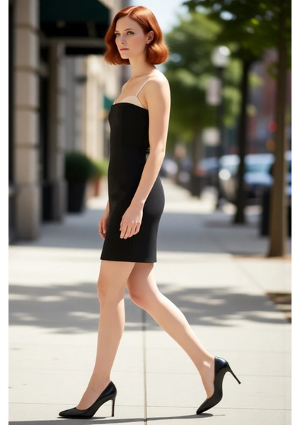 Kadın Vücuda Oturan Askılı Straplez Finike Dokuma Düz Desen Kısa Siyah Şık Abiye Elbisesi Kaliteli