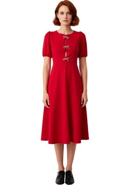 Kadın Skater Midi Bisiklet Yaka Balon Kol Fiyonklu Eteği Belden Açılan Şık Gece Kokteyl Elbisesi modelleri