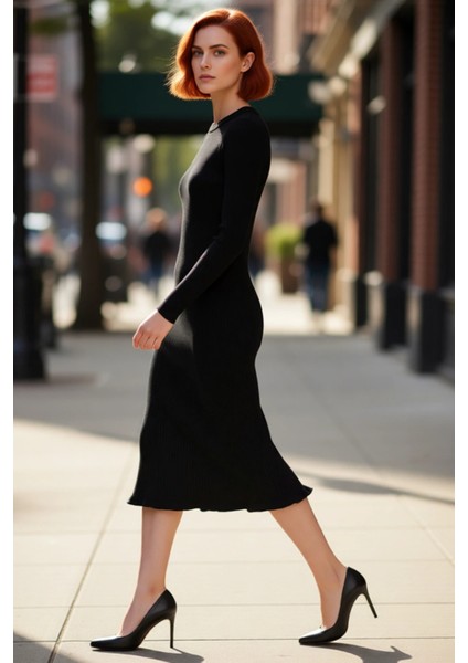 Kadınlar Için Akrilik Triko Midi Elbise Bisiklet Yaka Uzun Kollu Düz Desen Günlük Şık Tasarım