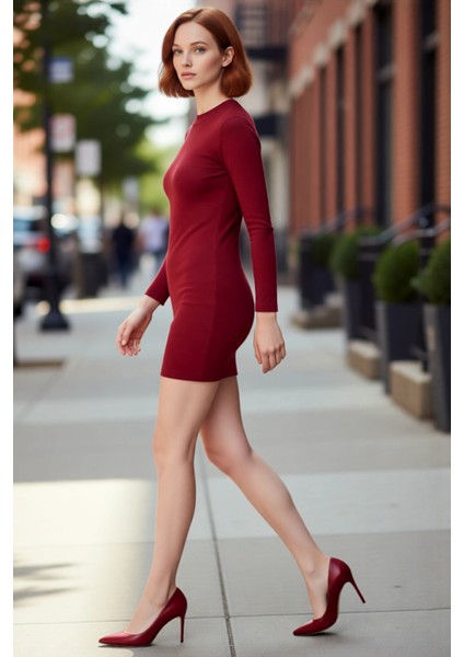 Kadın Bodycon Mini Uzun Kollu Fitilli Örme Elbise Bisiklet Yakalı Rahat Günlük Şıklık Sunar