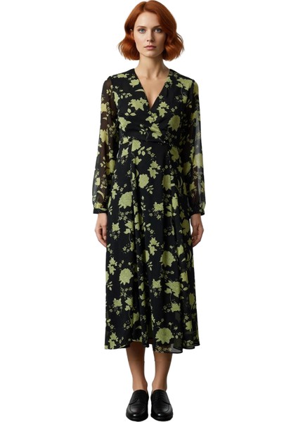 Kadın A Line Kruvaze V Yaka Çiçek Desenli Uzun Kollu Midi Şifon Elbise Bahar Yaz Şıklığı Kaliteli modelleri