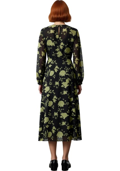 Kadın A Line Kruvaze V Yaka Çiçek Desenli Uzun Kollu Midi Şifon Elbise Bahar Yaz Şıklığı Kaliteli fırsatları