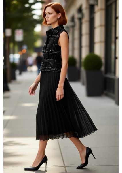 Kadın Skater Midi Elbise Gömlek Yaka Kolsuz Tüvit Dokuma Detaylı Kemerli Piliseli Şık Tasarım