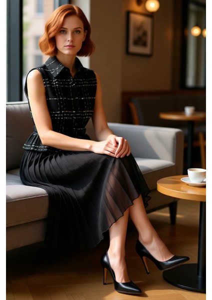 Kadın Skater Midi Elbise Gömlek Yaka Kolsuz Tüvit Dokuma Detaylı Kemerli Piliseli Şık Tasarım fiyatları