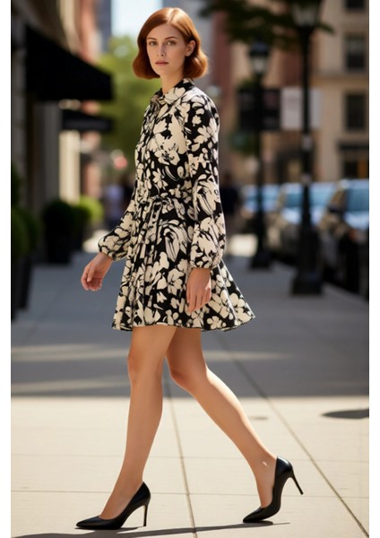 Kadın Siyah Çiçekli Skater Kalıp Uzun Kollu Kuşaklı Gömlek Yaka Mini Dokuma Elbise Kaliteli