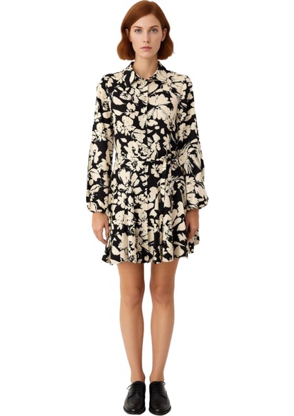 Kadın Siyah Çiçekli Skater Kalıp Uzun Kollu Kuşaklı Gömlek Yaka Mini Dokuma Elbise Kaliteli modelleri