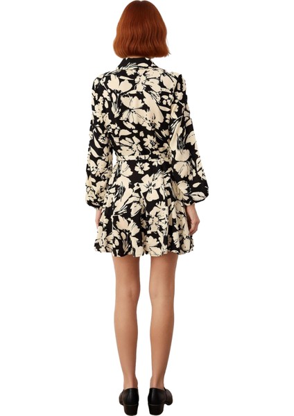 Kadın Siyah Çiçekli Skater Kalıp Uzun Kollu Kuşaklı Gömlek Yaka Mini Dokuma Elbise Kaliteli fırsatları