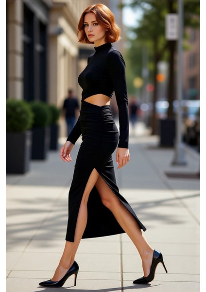 Kadın Siyah Dik Yaka Uzun Kollu Bodycon Cut Outlı Midi Boy Şık Gece Mezuniyet Abiye Elbise