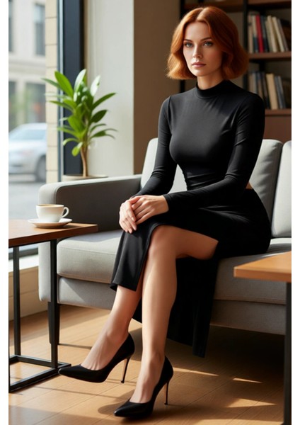 Kadın Siyah Dik Yaka Uzun Kollu Bodycon Cut Outlı Midi Boy Şık Gece Mezuniyet Abiye Elbise fiyatları