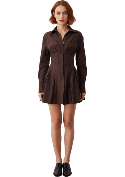 Kadın Kahverengi Korse Detaylı Poplin Gömlek Elbise Şık Kısa Mini Gece Elbisesi Tasarımı Kaliteli modelleri