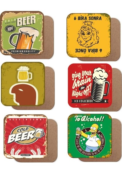 Dekorasyon Bira Temalı 6lı Retro Ahşap Bardak Altlığı Seti