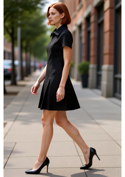 Kadın Siyah A Line Kısa Kol Gömlek Yaka Yarım Pat Fermuarlı Süet Dokulu Mini Elbise Kaliteli