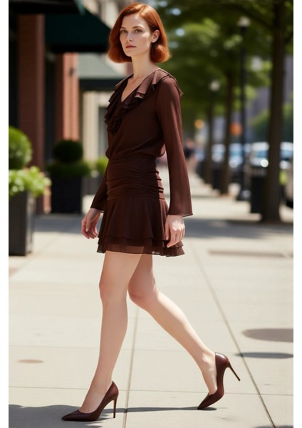 Kadın Skater Kalıp Uzun Kollu V Yaka Volanlı Fırfırlı Ekstra Mini Elbise Günlük ve Casual Ortamlar