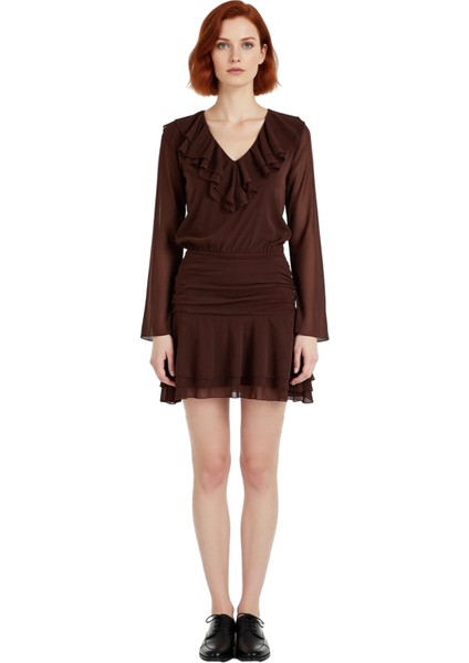 Kadın Skater Kalıp Uzun Kollu V Yaka Volanlı Fırfırlı Ekstra Mini Elbise Günlük ve Casual Ortamlar modelleri