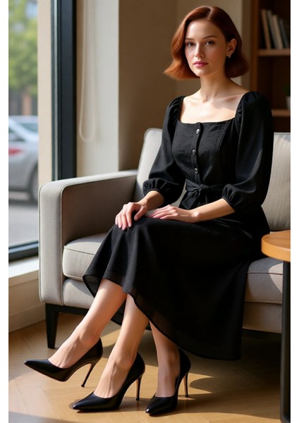 Kadın Gömlek Elbise Midi Boy Truvakar Balon Kol Kare Yaka Kuşaklı Dokuma Şıklığı Ile Rahatlık fiyatları