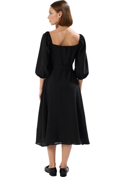 Kadın Gömlek Elbise Midi Boy Truvakar Balon Kol Kare Yaka Kuşaklı Dokuma Şıklığı Ile Rahatlık fırsatları