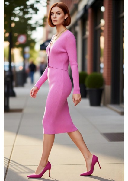 Kadın Bodycon Düz Triko Midi Elbise Uzun Kollu V Yaka Günlük Şık ve Rahat Kombinler Için Kaliteli