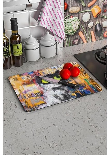 Cam Kesme Tahtası ve Sunum Tablası Renkli Kedi Desenli 30X40 cm modelleri