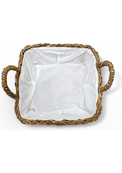 El Yapımı Doğal Hasır Kulplu Çok Amaçlı Dekoratif Kare Sepet, Hasır Kulplu Ekmek Sepeti (25X25X8 Cm) indirimleri