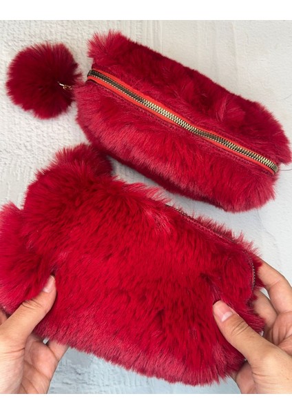 Ponponlu Peluş Kırmızı Kalem Kutu Kalemlik Toparlayıcı Çanta