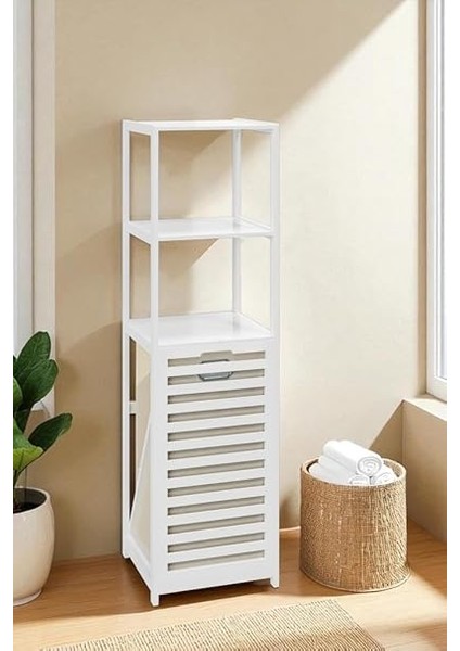 Bambu Beyaz Mat Lake Kirli Sepetli 3 Raflı Banyo Düzenleyici Çamaşır Sepeti DB-0019 fırsatları