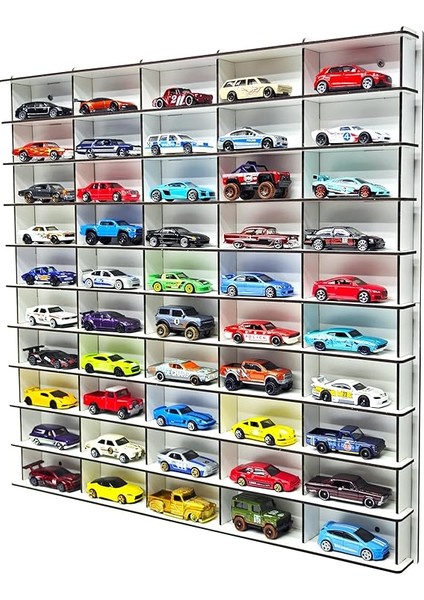 Hobi Araba Rafı Beyaz 50'li (Hot Wheels Uyumlu, Matchbox Uyumlu) modelleri