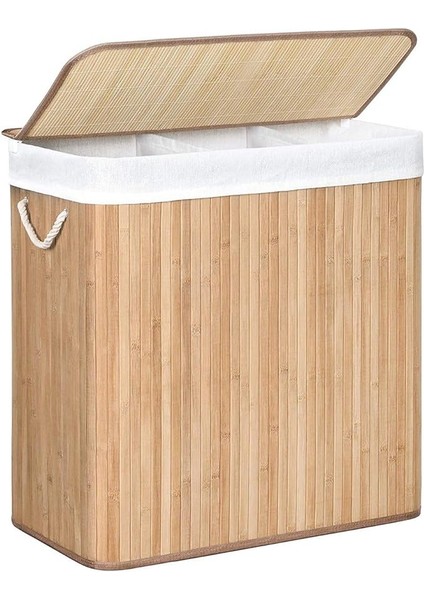 Çamaşır Sepeti, Çamaşır Toplayıcı, Bambudan Yapılmış, Kulplu Çamaşır Sandığı, 3 Bölme, Klipsli Kapak, 150 L, Katlanabilir, Çamaşır Odası, Yatak Odası, Banyo, Doğal Renk LCB091N01