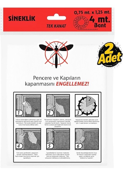 Tek Kanat Pratik Sineklik, 0.75 m x 1.25 m Tül, Kapı &amp; Pencere Uyumlu, 4 M Yapıştırma Bantlı (2 Adet)