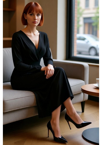 Kadın Uzun Kollu Bodycon Kruvaze Yaka Drape Detaylı Polyester Örme Şık Maxi Abiye Elbise Kaliteli