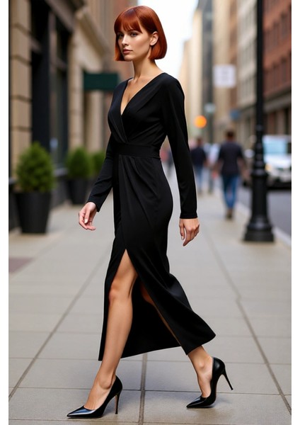 Kadın Uzun Kollu Bodycon Kruvaze Yaka Drape Detaylı Polyester Örme Şık Maxi Abiye Elbise Kaliteli fırsatları