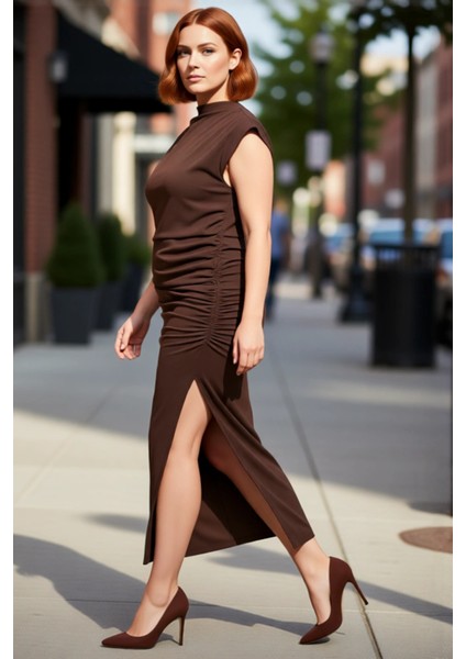 Kadın Bodycon Kesim Dik Yaka Düşük Kol Midi Boy Düz Örme Elbise Ilkbahar Sonbahar Şıklığı Kaliteli