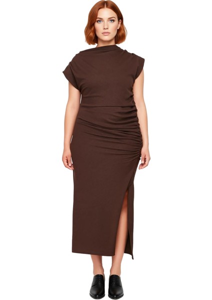 Kadın Bodycon Kesim Dik Yaka Düşük Kol Midi Boy Düz Örme Elbise Ilkbahar Sonbahar Şıklığı Kaliteli modelleri