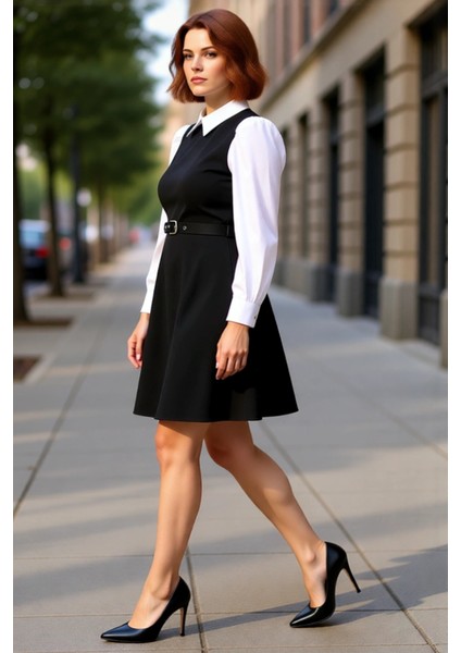 Kadın Skater Kemerli Gömlek Yaka Detaylı Dokuma Mini Elbise Ilkbahar Sonbahar Zarafeti Kaliteli