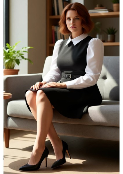 Kadın Skater Kemerli Gömlek Yaka Detaylı Dokuma Mini Elbise Ilkbahar Sonbahar Zarafeti Kaliteli fiyatları