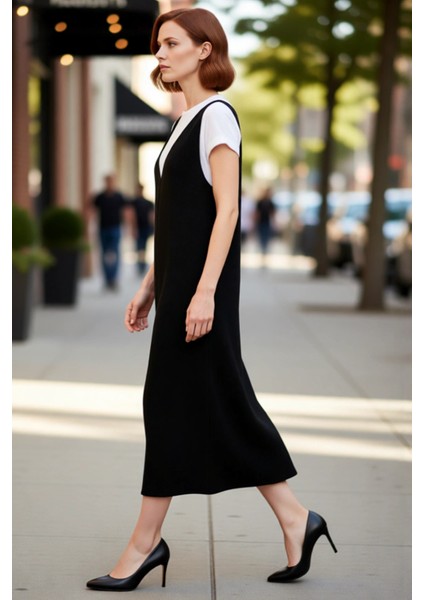 Kadın Gri Jile Triko Elbise Midi Boy V Yaka Kolsuz Rahat Kesim Ilkbahar Sonbahar Günlük Şıklığı