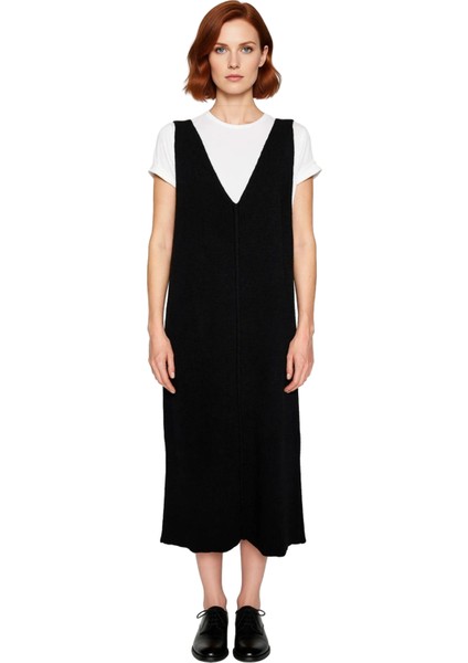 Kadın Gri Jile Triko Elbise Midi Boy V Yaka Kolsuz Rahat Kesim Ilkbahar Sonbahar Günlük Şıklığı modelleri