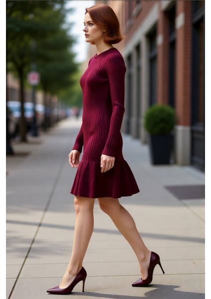 Kadın A Kesim Bordo Triko Mini Elbise Uzun Kollu Bisiklet Yaka Şık Günlük Kış Stili Tasarım