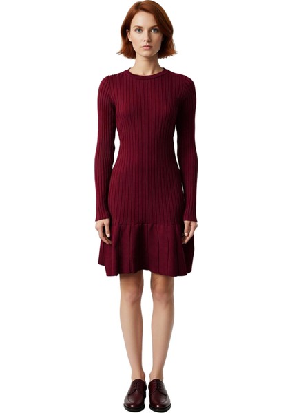 Kadın A Kesim Bordo Triko Mini Elbise Uzun Kollu Bisiklet Yaka Şık Günlük Kış Stili Tasarım modelleri