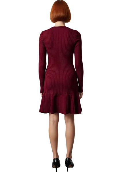 Kadın A Kesim Bordo Triko Mini Elbise Uzun Kollu Bisiklet Yaka Şık Günlük Kış Stili Tasarım fırsatları