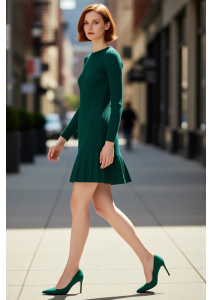 Kadın A Kesim Bordo Triko Mini Elbise Uzun Kollu Bisiklet Yaka Şık Günlük Kış Stili Tasarım