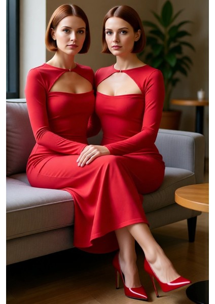 Kadın Bodycon Kesim Uzun Kollu Maxi Elbise Cut Out Detaylı Şık Gece Kokteyl Kıyafeti Kaliteli fiyatları