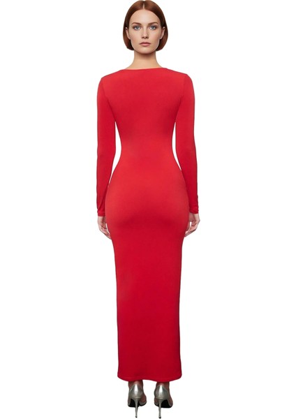 Kadın Bodycon Kesim Uzun Kollu Maxi Elbise Cut Out Detaylı Şık Gece Kokteyl Kıyafeti Kaliteli fırsatları