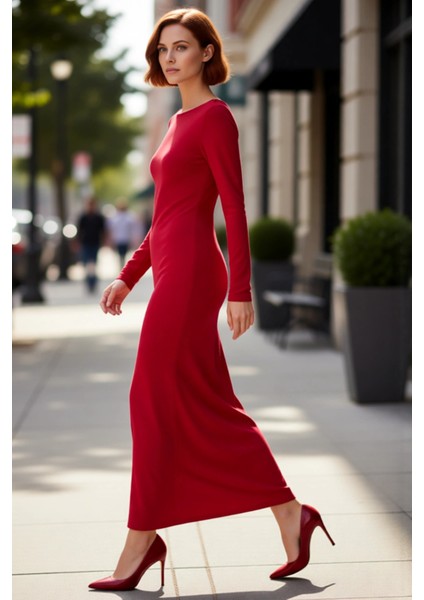 Kadın Bodycon Maxi Boy Uzun Kollu Kayık Yaka Örme Sandy Kumaş Zarif Kışlık Balo Elbisesi Kaliteli