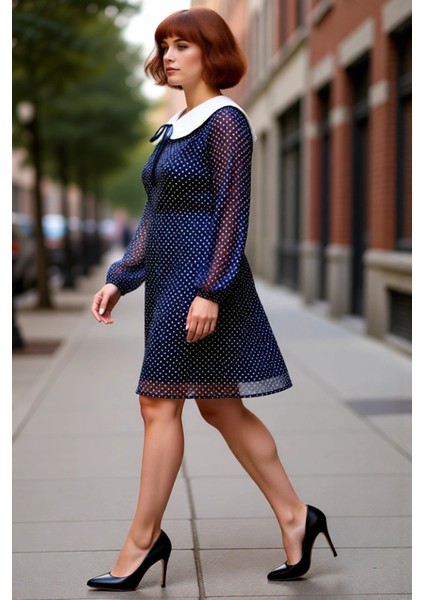 Kadınlar Için A Kesim Şifon Dokuma Puantiyeli Bebe Yaka Balon Kol Mini Elbise Ilkbahar Sonbahar