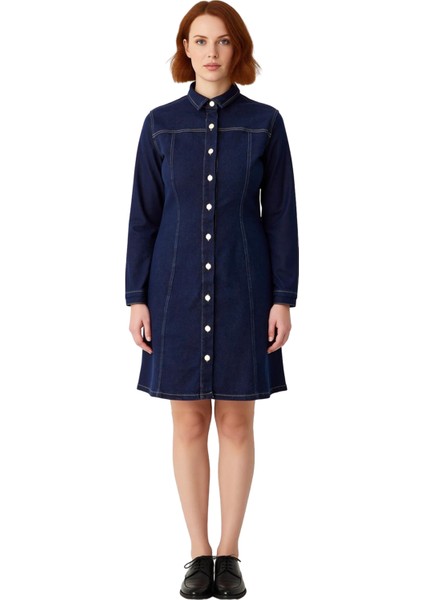 Kadınlar Için A Line Kesim Denim Elbise Gömlek Yaka Uzun Kollu Rahat Büyük Beden Günlük Şıklık modelleri