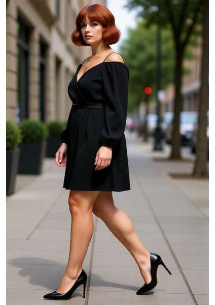 Kadın Kruvaze V Yaka Kemerli Düşük Kol A Line Mini Dokuma Elbise Ilkbahar Sonbahar Şıklığı