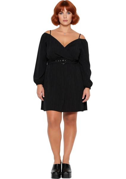 Kadın Kruvaze V Yaka Kemerli Düşük Kol A Line Mini Dokuma Elbise Ilkbahar Sonbahar Şıklığı modelleri