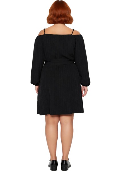 Kadın Kruvaze V Yaka Kemerli Düşük Kol A Line Mini Dokuma Elbise Ilkbahar Sonbahar Şıklığı fırsatları