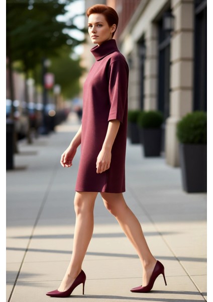 Kadın Balıkçı Yaka Shift Kalıp Düşük Kol Truvakar Boy Mini Örme Elbise Kış Günlük Kombinler Için Şık